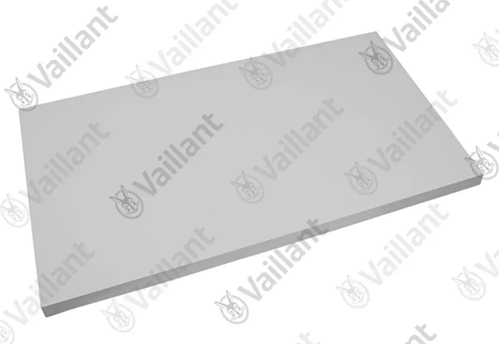 Rechteckige graue Plattenoberfläche mit glatter Textur, beschriftet mit dem Logo von Vaillant.